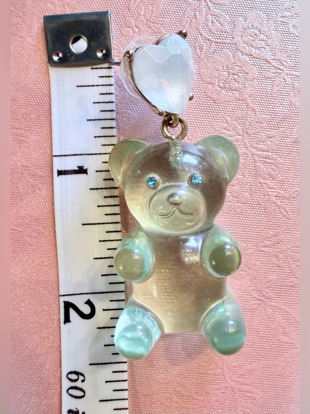 Betsey Johnson Translucent Green Bear Drop Earrings with White Heart Studs - Picture 4 of 5
